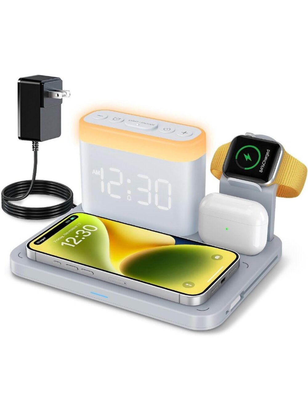 5-in-1 Wireless Charging Station with Alarm Clock & Night Light for iPhone